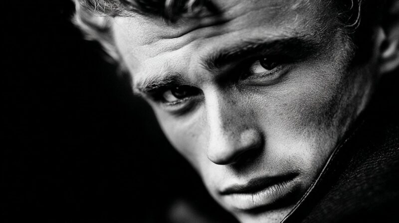 Close-up black and white portrait of James Dean staring intensely at the camera