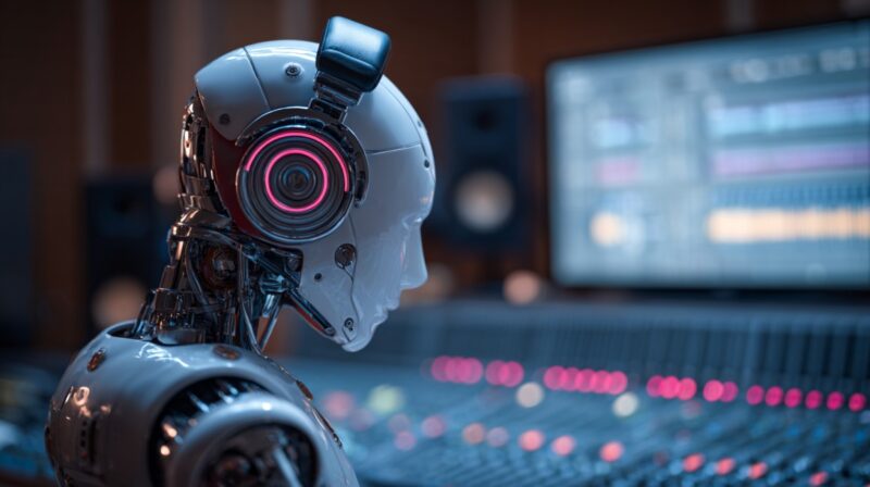 A humanoid robot wearing headphones sits in a recording studio beside audio equipment and a mixing console