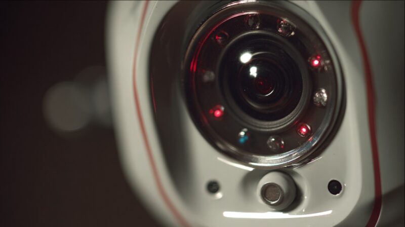 Detailed view of a security camera lens with glowing indicator lights