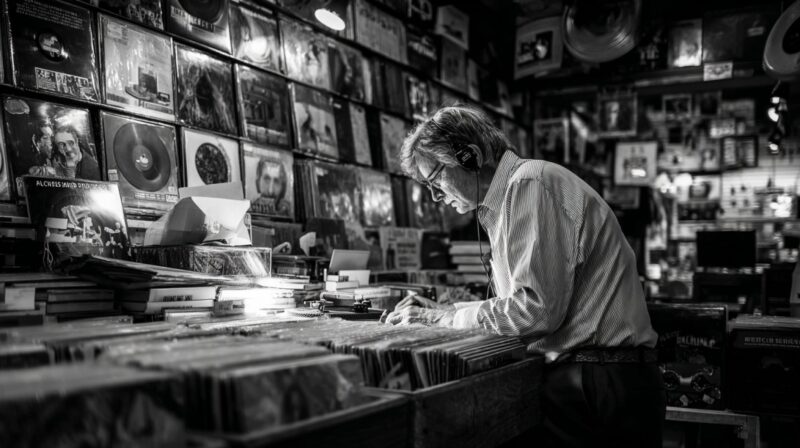 Man wearing headphones sorting vinyl records in a music store