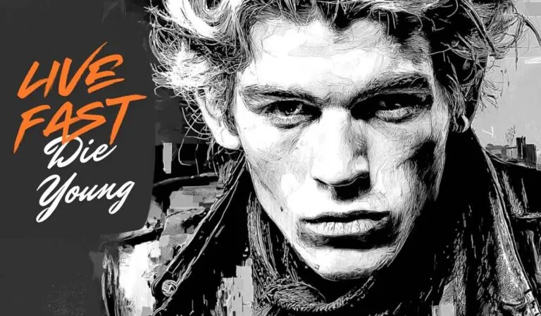 Black and white illustration of a young man with intense expression next to the phrase Live Fast Die Young