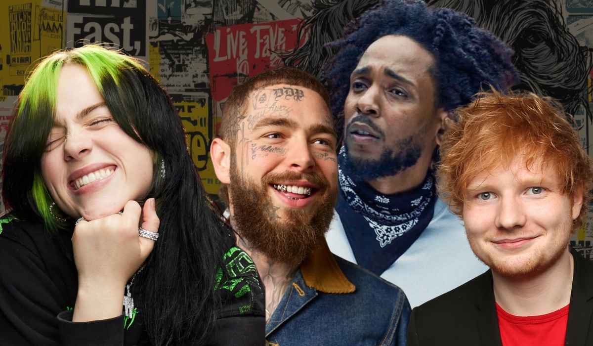 Four modern music artists smiling and posing together in front of a collage style background