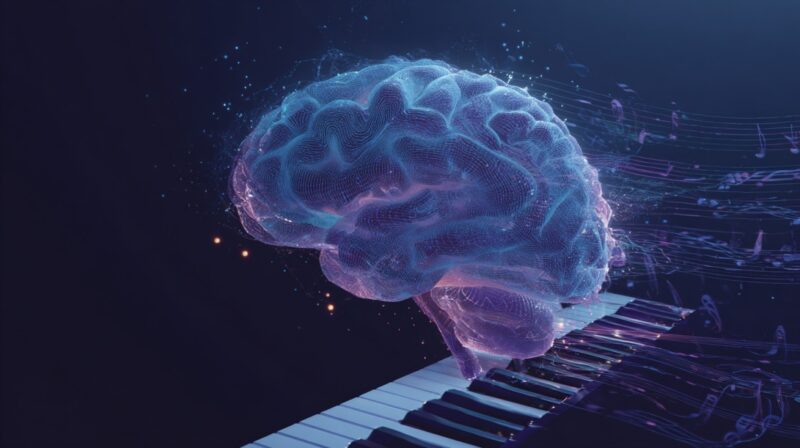 Digital illustration of a glowing brain hovering above piano keys with musical notes flowing around it