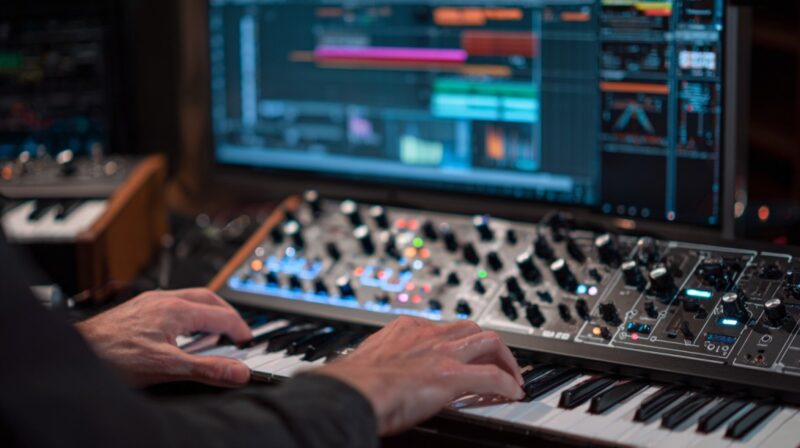Hands playing a synthesizer keyboard in a studio with music software displayed on a monitor